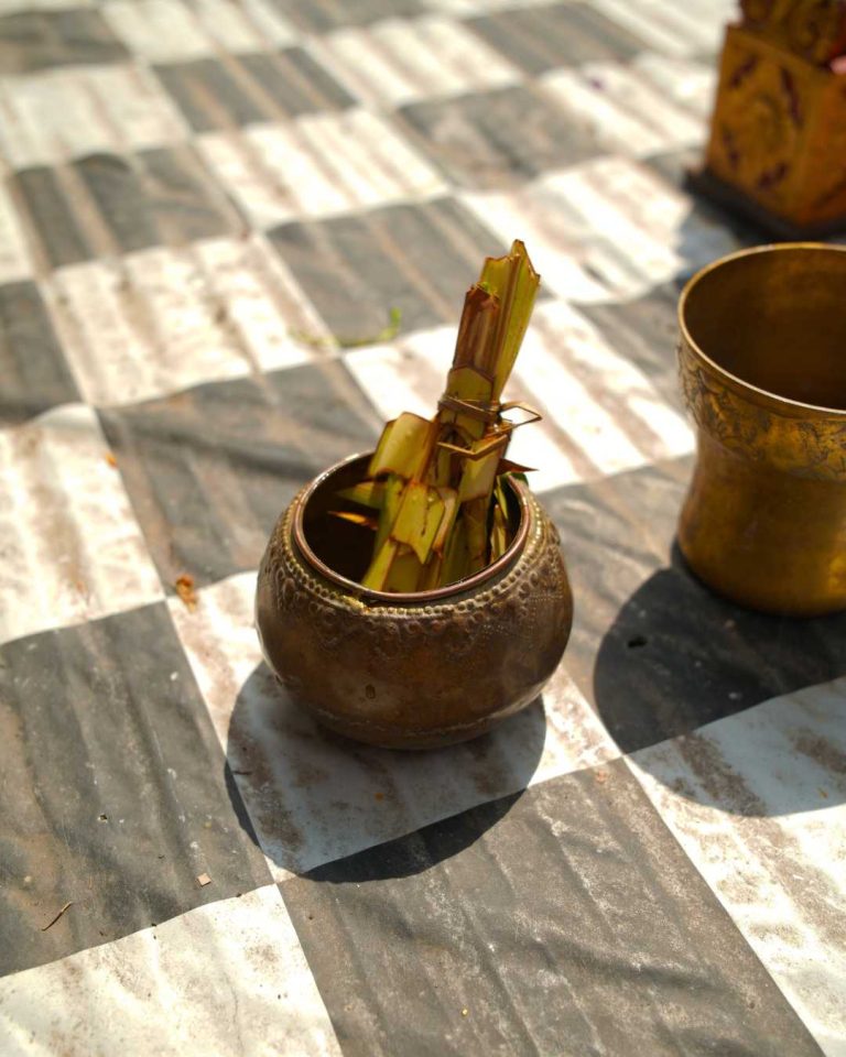 A traditional Balinese temple offering prepared for a religious ceremony, reflecting the spirit of devotion and Sewaka.